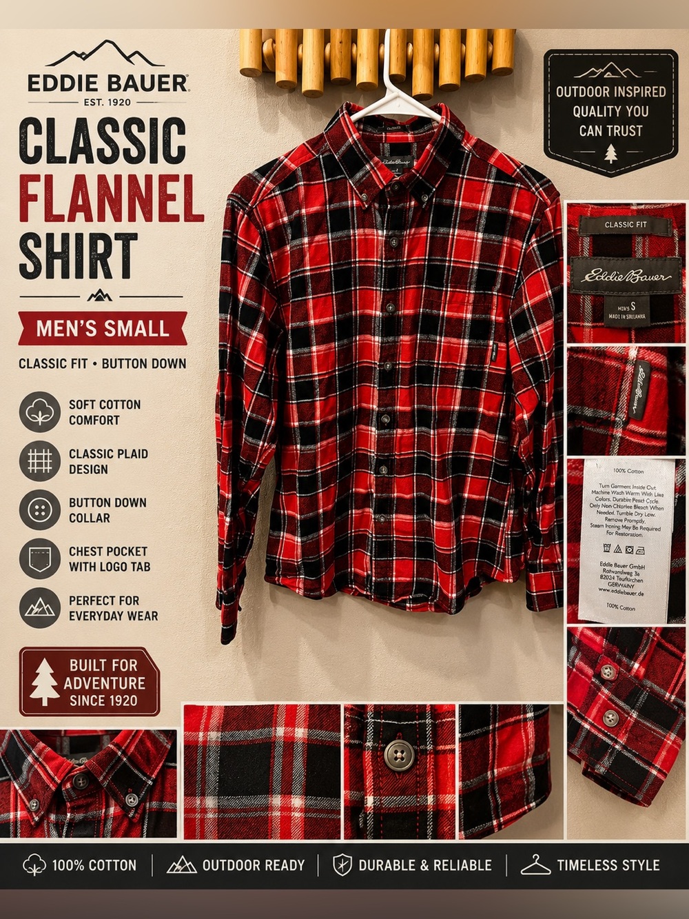 Eddie Bauer Red Plaid Flannel Shirt Men’s Small Classic Fit Cotton Button Down